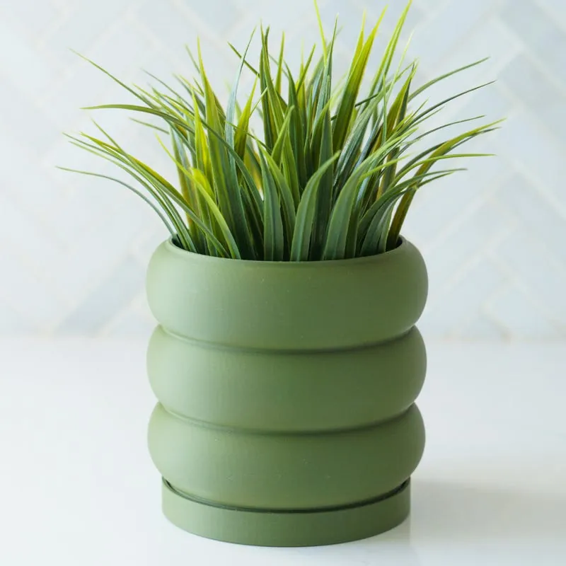 Sage green bubble planter holding a spiky grass